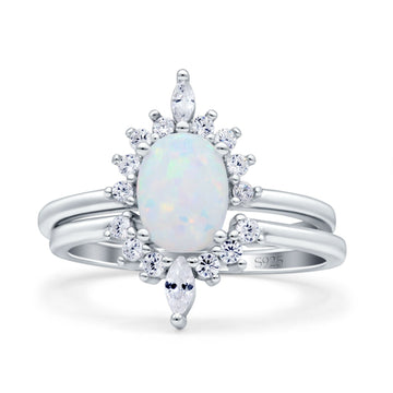 Two Piece Vintage Style Art Deco Wedding Bridal Set Ring Band Oval Lab Created White Opal 925 Sterling Silver